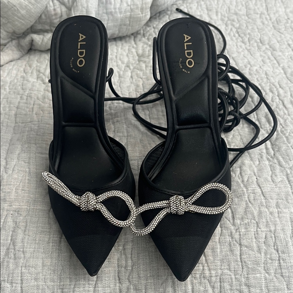 Aldo Black Heels with Silver Bow Detail